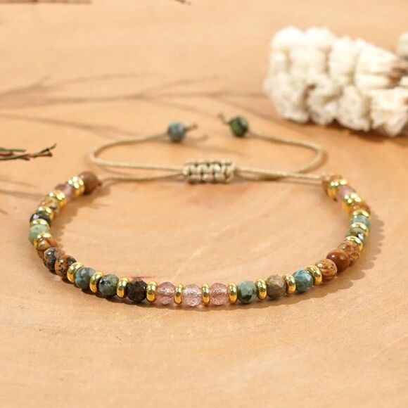 Multi Semi Precious Gemstone Crystal Beaded Bracelet Adjustable Boho Earth Tones - Picture 2 of 3